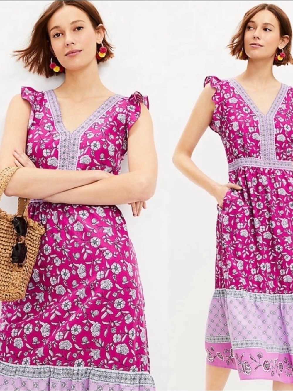 LOFT Magenta Floral V-Neck Midi Dress with Pockets